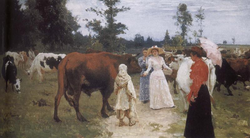 Ilia Efimovich Repin Girls and cows France oil painting art